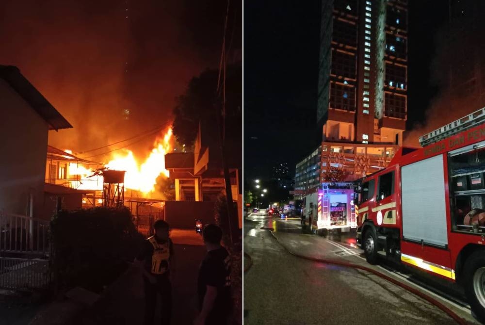 Anggota bomba memadamkan kebakaran di tiga buah bangunan rumah kedai di Jalan Senyum, Kampung Wadi Hana, Johor Bahru pada Rabu.