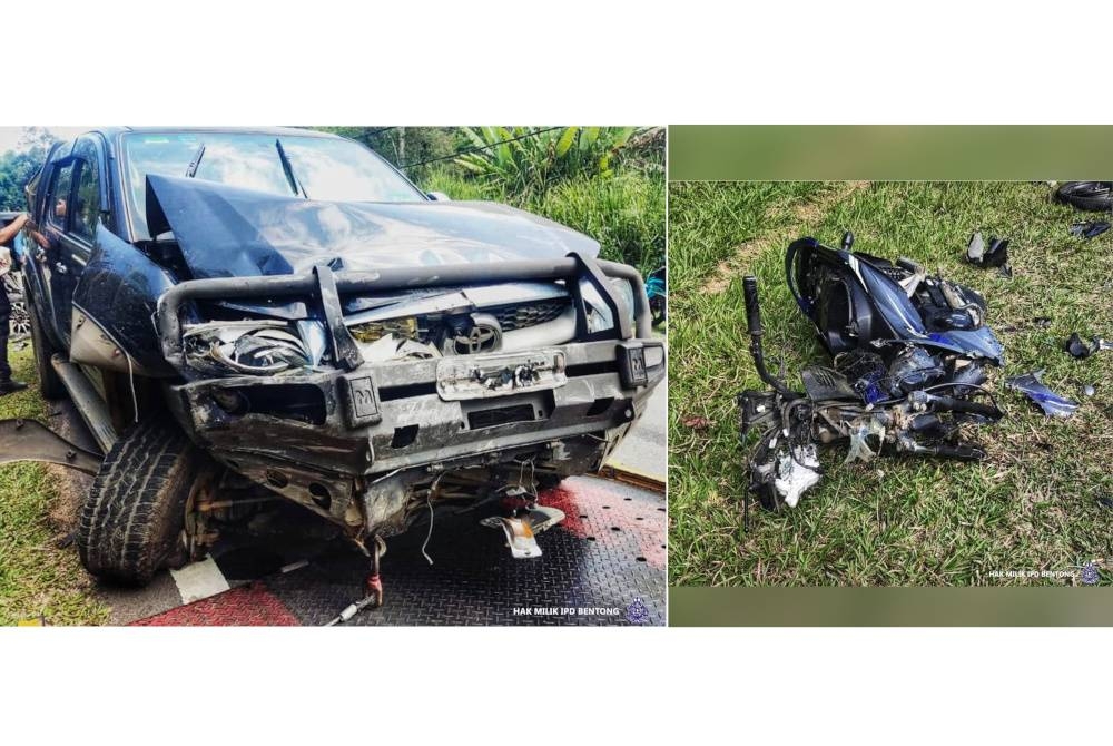 Keadaan motosikal dan pacuan empat roda yang remuk akibat kemalangan tersebut. - Foto ihsan PDRM