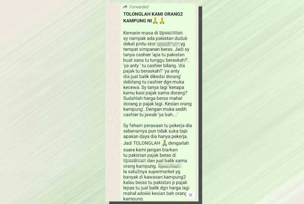 Satu mesej tular di aplikasi WhatsApp mendakwa kegiatan pembelian beras secara pajak oleh peruncit dipercayai berlaku di Sabah.