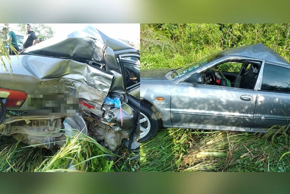 Kereta dinaiki sebuah keluarga terlibat kemalangan di Kilometer 65, Kampung Nyatoh, Jalan Kuala Terengganu – Permaisuri pada Khamis. - Foto IPD Setiu