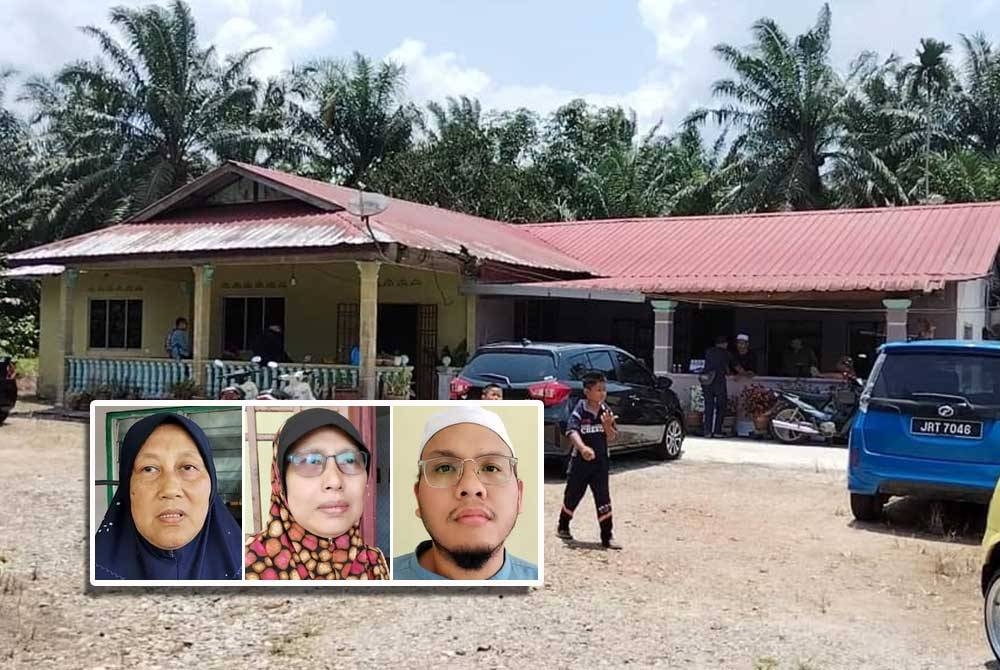 Rumah Allahyarham Indok Akok di Kampung Parit Kerimon. Gambar kecil: Rosnah, Zainah, dan Ahmad Syafiq