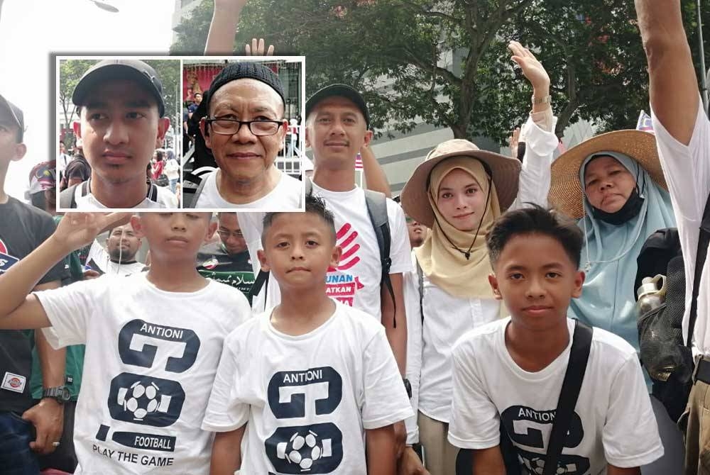 Ahmad Lokman (belakang, kiri) bersama isteri dan anak-anak hadir Himpunan Selamatkan Malaysia pada Sabtu. Gambar kecil: Tengku Abdul Hadi dan Mohd Jais