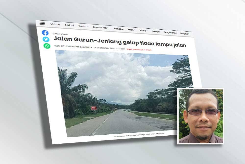 Tangkap layar menunjukkan laporan Sinar Harian mengenai ketiadaan lampu di Jalan Gurun-Jeniang. Gambar kecil: Abdul Ghani