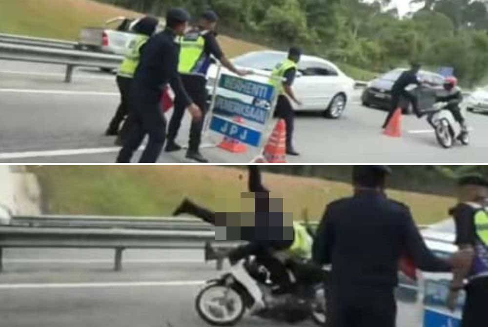 Seorang anggota penguat kuasa JPJ cedera dirempuh seorang penunggang motosikal dalam satu operasi sekatan jalan raya di KM28 Lebuhraya Seremban-Port Dickson pada Ahad.