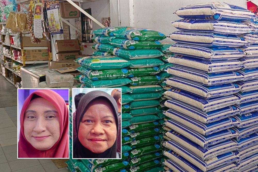 Tinjauan Sinar Harian mendapati hanya beras import putih sahaja dijual di kedai sekitar Ipoh. Gambar kecil dari kiri: Norwirtayatul Liza dan Faridatul Amla.