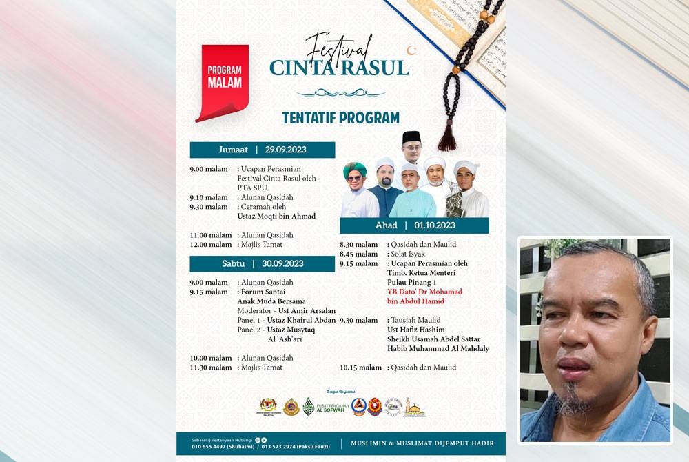 Antara program dan pengisian Festival Cinta Rasul yang akan berlangsung pada 29 September hingga 1 Oktober 2023 di Masjid Ar Rahman Permatang Rambai Penaga, Pulau Pinang. Gambar kecil: Shuhaimi Abdul Rashid