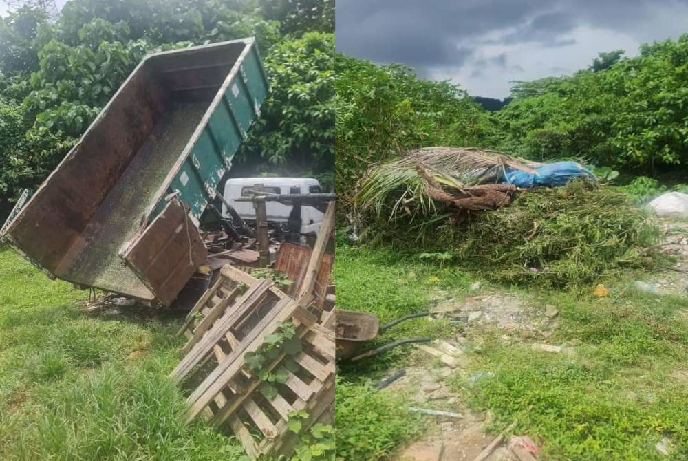 Lori yang ditinggalkan di lokasi kejadian setelah dikesan membuang sampah secara haram di kawasan terbabit.