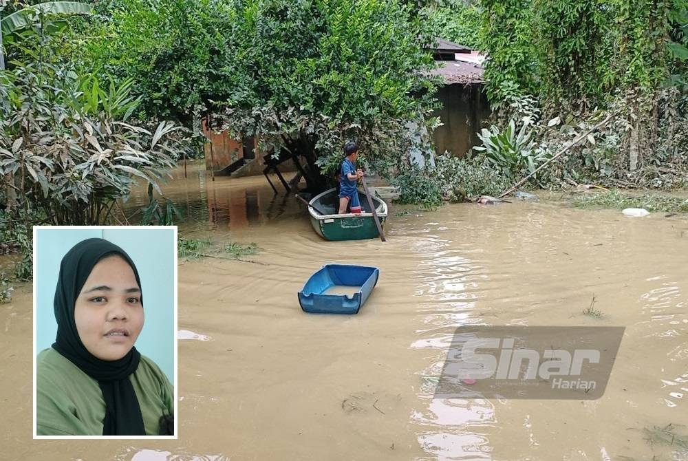 Limpahan air sungai yang masih bertakung di Kampung Charuk Akar, Mukim Tawar, Baling pada Jumaat. (Gambar kecil: Siti Aisyah)