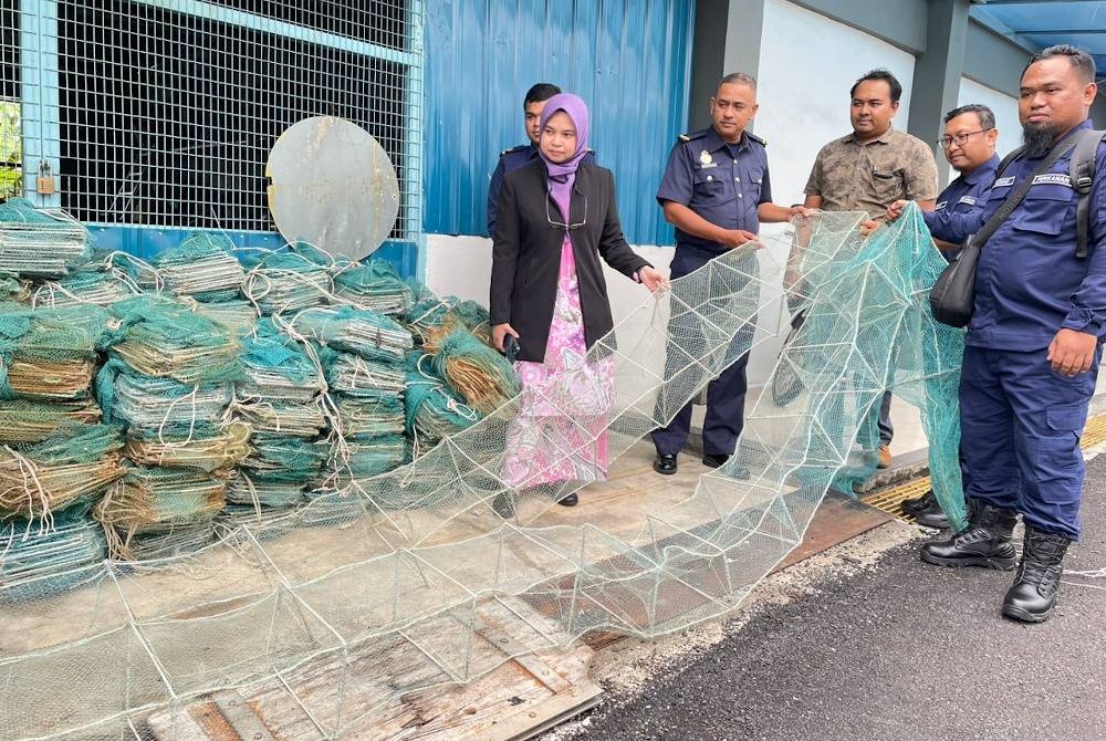 Zarina (kiri) menunjukkan bubu naga yang dirampas pada minggu ketiga September di perairan Pulau Rimau dan jeti nelayan di Seberang Perai Selatan.