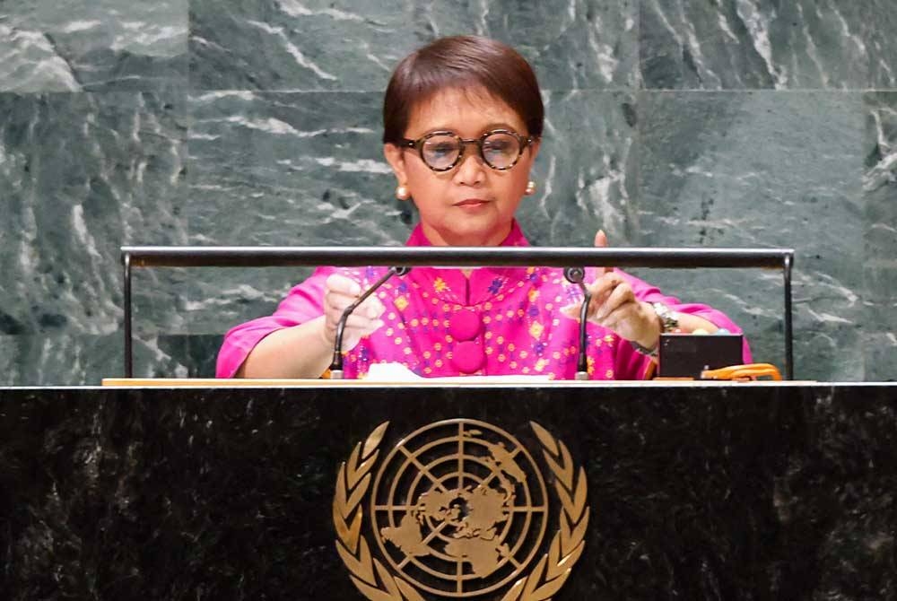 Retno Marsudi pada sesi ke-78 Perhimpunan Agung Pertubuhan Bangsa-Bangsa Bersatu (UNGA) di New York pada Sabtu. Foto AFP