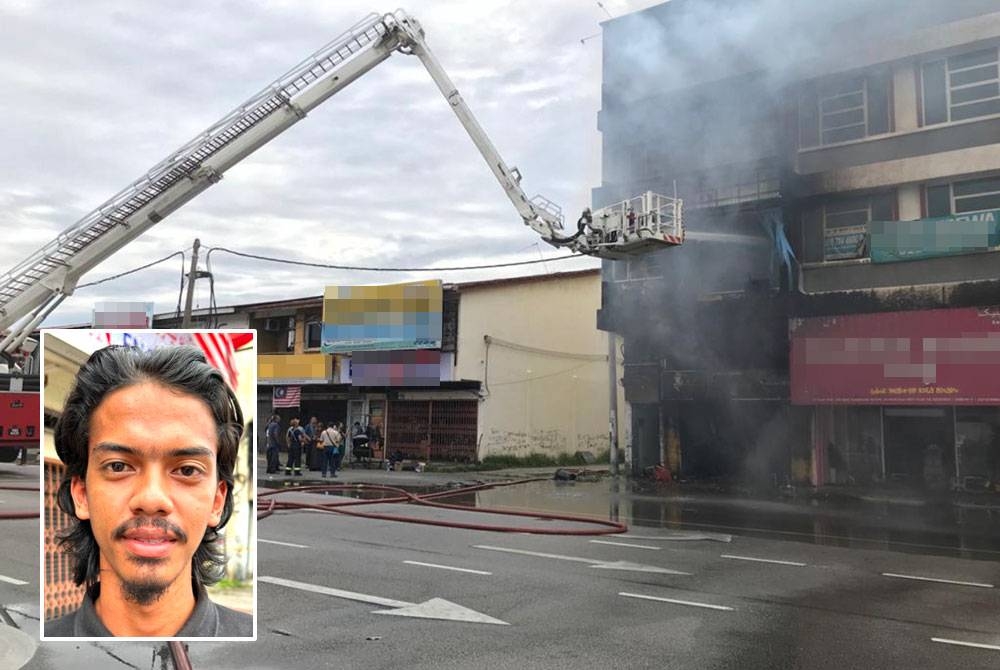 Anggota bomba sedang memadam kebakaran lot kedai di Jalan Kuala Krai, Kota Bharu. Gambar kecil: Mohd Syarifuddin