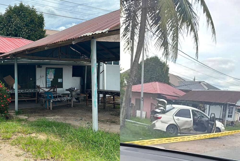 Lokasi kejadian yang dipercayai suspek menyerang polis. Gambar kanan: Keadaan kereta yang dinaiki suspek terbabas selepas melarikan diri daripada polis.