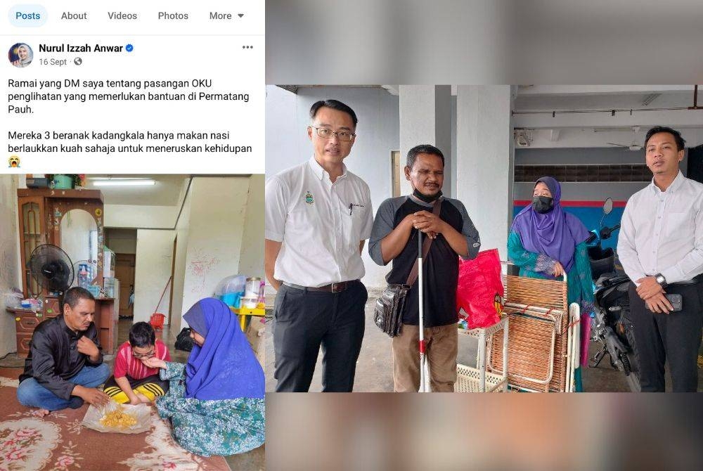 Kisah keperitan hidup Abu Hassan dikongsikan oleh Nurul Izzah di laman facebook. Gambar kanan: Khai Loon (kiri) dan Fahmi (kanan) ketika menziarahi Abu Hassan (dua, kiri) di Flat Ampang Jajar pada Isnin.