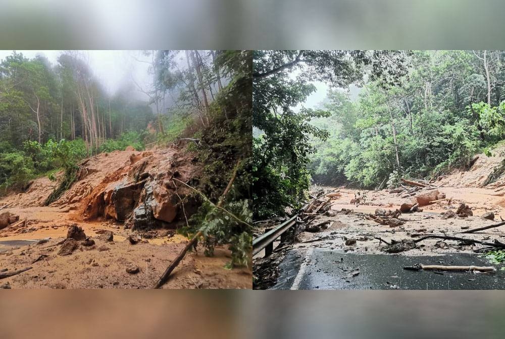 Jalan Kubu Gajah-Sumpitan ditutup kepada semua kenderaan selepas berlakunya tanah runtuh di kawasan terlibat. Foto: Ihsan pembaca