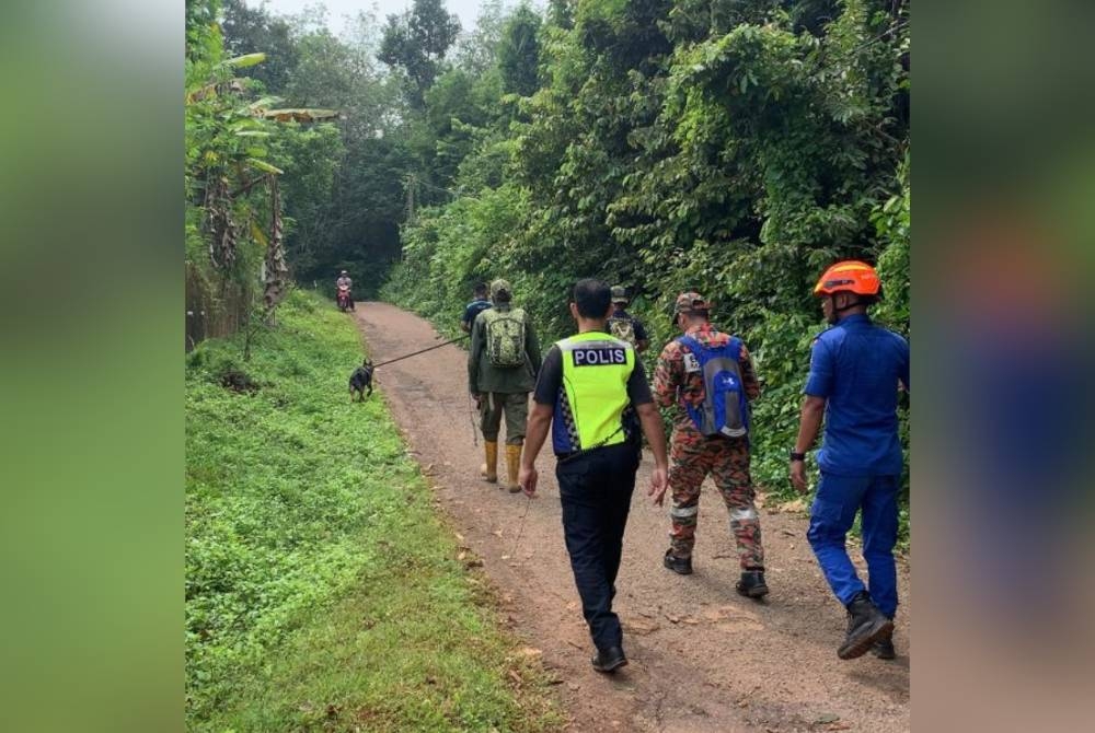 Pasukan penyelamat melakukan pencarian mangsa di sekitar tiga kilometer radius dari rumah dengan bantuan anjing pengesan.