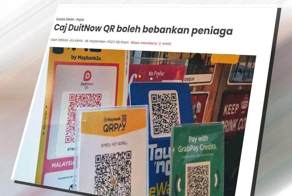 Keratan laporan berita mengenai caj DuitNow QR yang disiarkan Sinar Online.