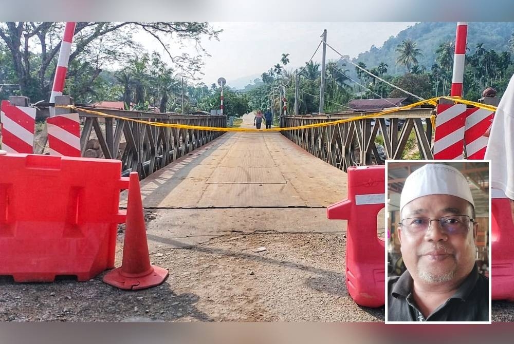 Jambatan Bailey ditutup kepada orang ramai akibat hakisan yang berlaku. (Gambar kecil: Nor Mohamad)