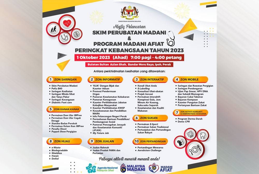 Sambutan Hari Farmasi Sedunia Kebangsaan bersempena Majlis Pelancaran Skim Perubatan Madani KKM dan Program Madani Afiat Peringkat Kebangsaan bakal diadakan di Bulatan Sultan Azlan Shah, Ipoh, Perak pada Ahad.