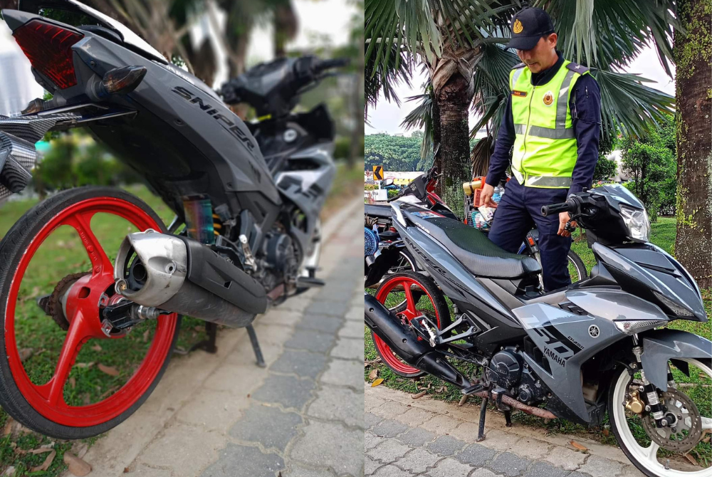 Tiada brek belakang dan guna tayar sotong antara ubah suai ekstrem yang dikesan JPJ Selangor menerusi Op Khas Motosikal di Plaza Tol PJS, Petaling Jaya pada Rabu. - Foto JPJ Selangor.