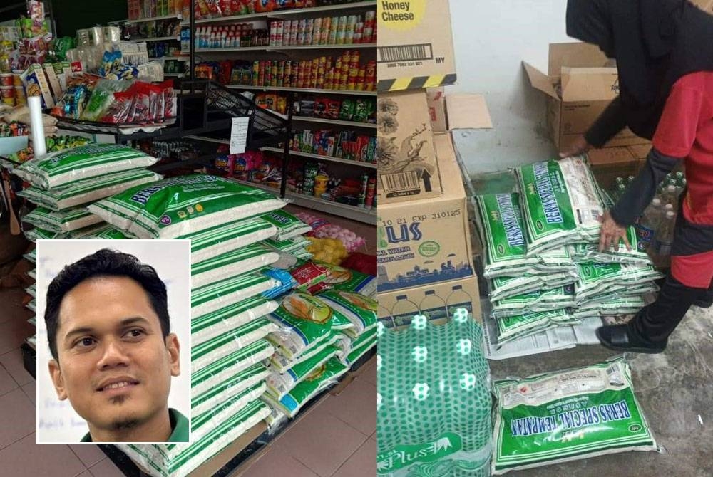 FAMA menempatkan bekalan beras di salah sebuah kedai runcit di Hulu Bernam. Gambar kecil: Muiz