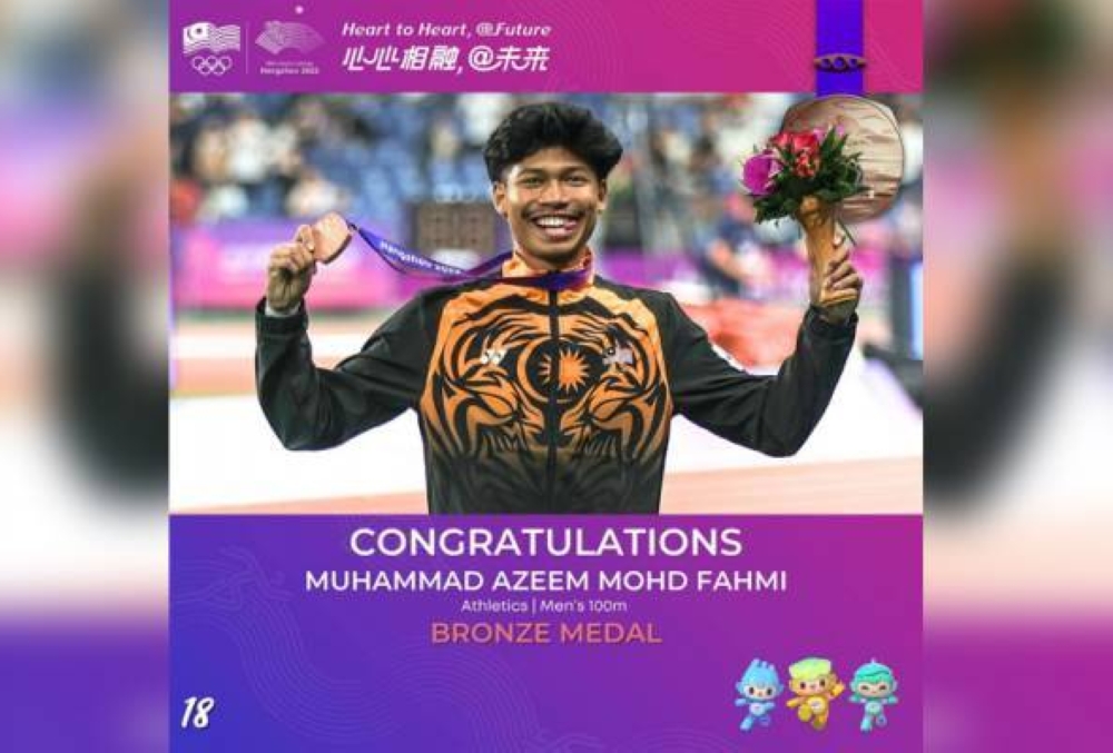 Muhammad Azeem raih pingat gangsa dalam acara 100 meter lelaki. Foto: Facebook Olympic Council of Malaysia