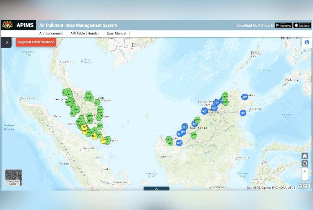 Sebanyak empat kawasan merekodkan bacaan IPU tidak sihat, setakat jam 10 pagi pada Ahad. - Infografik laman web APIMS