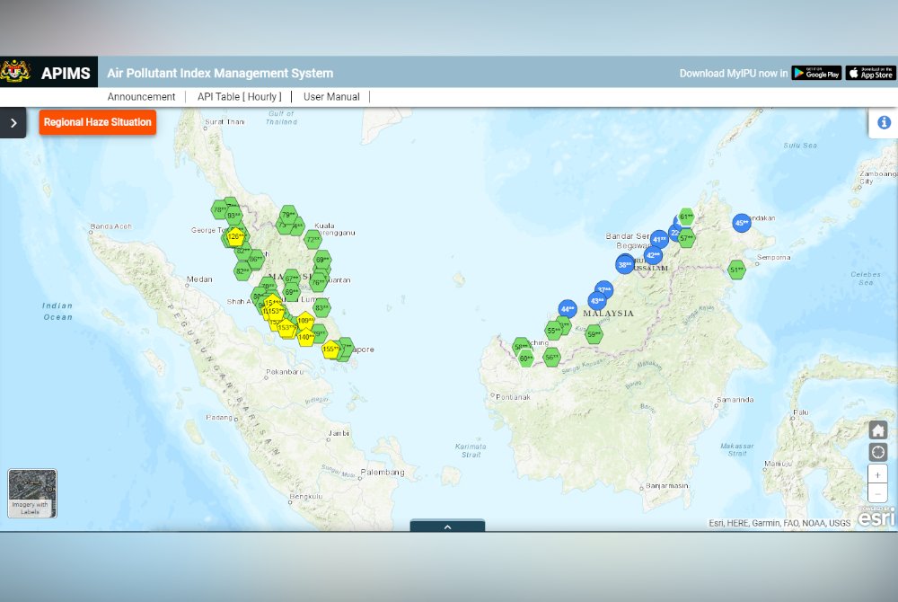 Sebanyak 10 kawasan merekodkan bacaan IPU tidak sihat, setakat jam 5 petang pada Ahad. - Infografik laman web APIMS