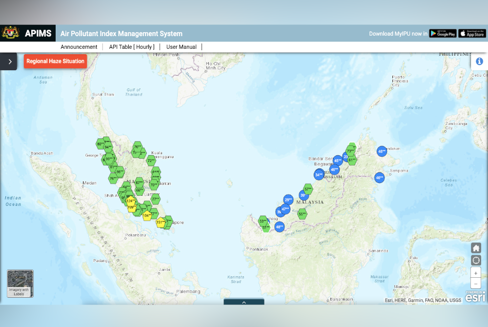 Sebanyak empat kawasan merekodkan bacaan IPU tidak sihat, setakat jam 10 pagi pada Ahad. - Infografik laman web APIMS