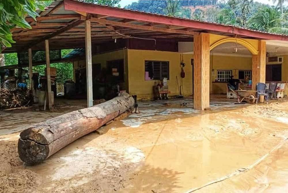 Kayu balak yang dihanyutkan air banjir ke rumah penduduk di Kampung Iboi, pada Rabu.