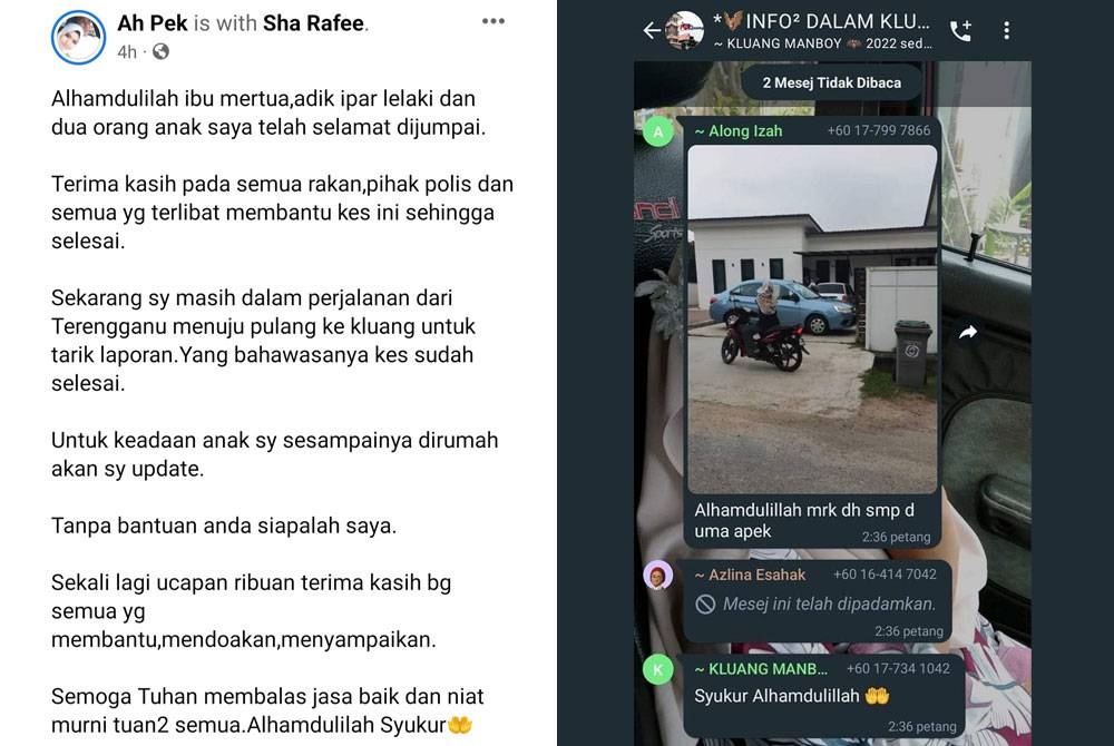 Tangkap layar Facebook Ah Pek dipercayai waris empat sekeluarga yang dikhuatiri hilang di Pulau Perhentian yang telah Selamat pulang ke Kluang pada Selasa.