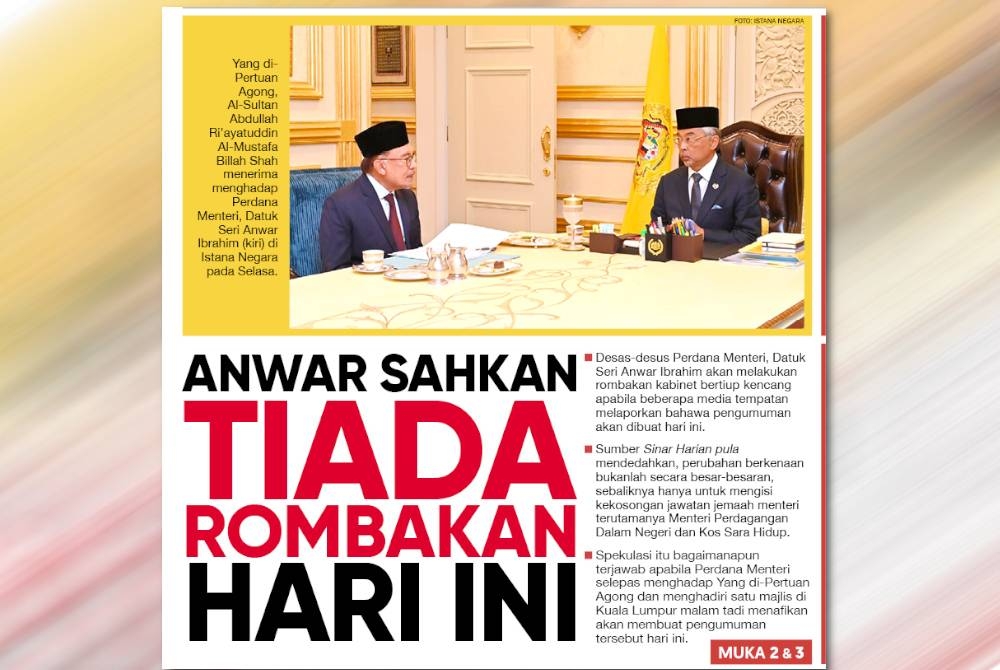 Laporan muka depan Sinar Harian pada Rabu.