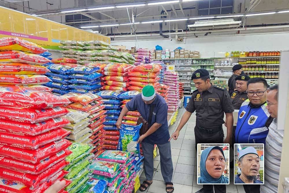 Ab Alim (dua dari kiri) membuat tinjauan harga beras baharu yang berkuat kuasa pada Khamis di salah sebuah pasar raya di Kota Kinabalu. (Gambar kecil: Laina dan Mohamad Iskandar)