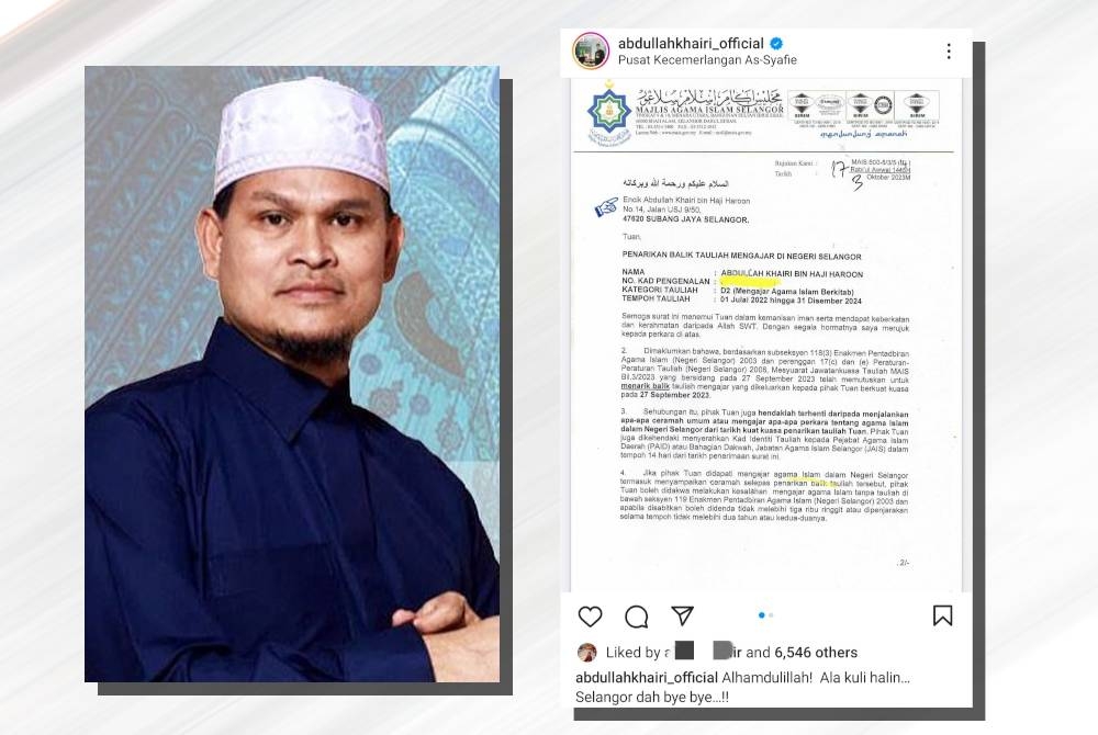 Lampiran surat MAIS berhubung pemarikan tauliah mengajar Ustaz Abdullah Khairi di Selangor.