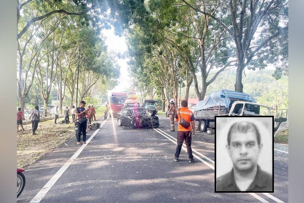 Mangsa maut di Jalan Krubong di sini, pada Khamis selepas kereta dipandunya bertembung dengan sebuah lori. Gambar kecil: Sandeep Singh Panthlia