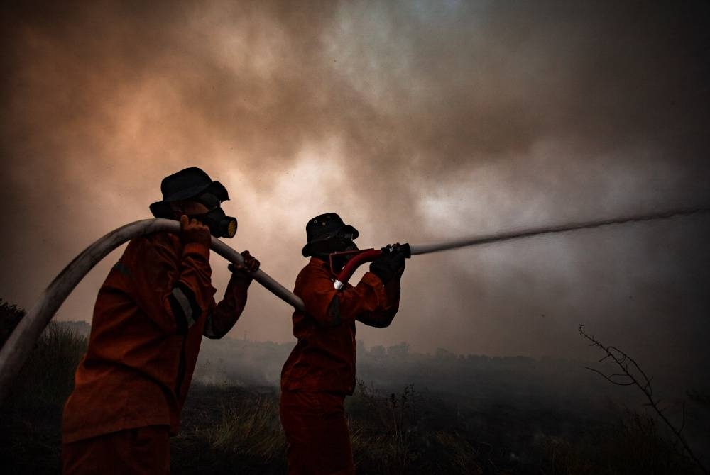 Anggota bomba bertungkus-lumus memadamkan kebakaran hutan di Palembang. - AFP