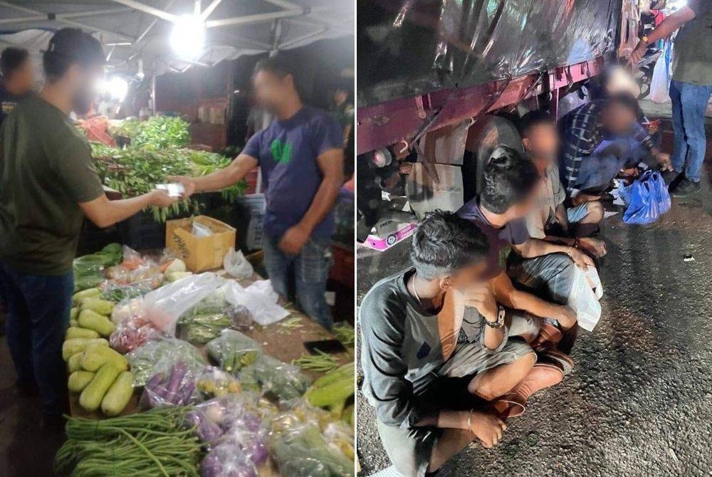 Pemeriksaan mendapati terdapat warga asing yang bekerja di pasar malam berkenaan. Gambar kanan: Lima ditahan terdiri daripada warganegara Myanmar dan India dipercayai melanggar peruntukan bawah Akta Imigresen 1959/63. -Foto JIM Kedah