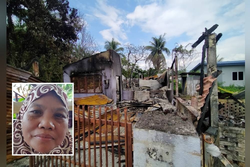 Keadaan rumah didiami Azhar dan Azrin yang musnah dalam kejadian kebakaran di Kampung Che Zainal Tambahan 1, Chemor pada Rabu. Gambar kecil: Salbiah