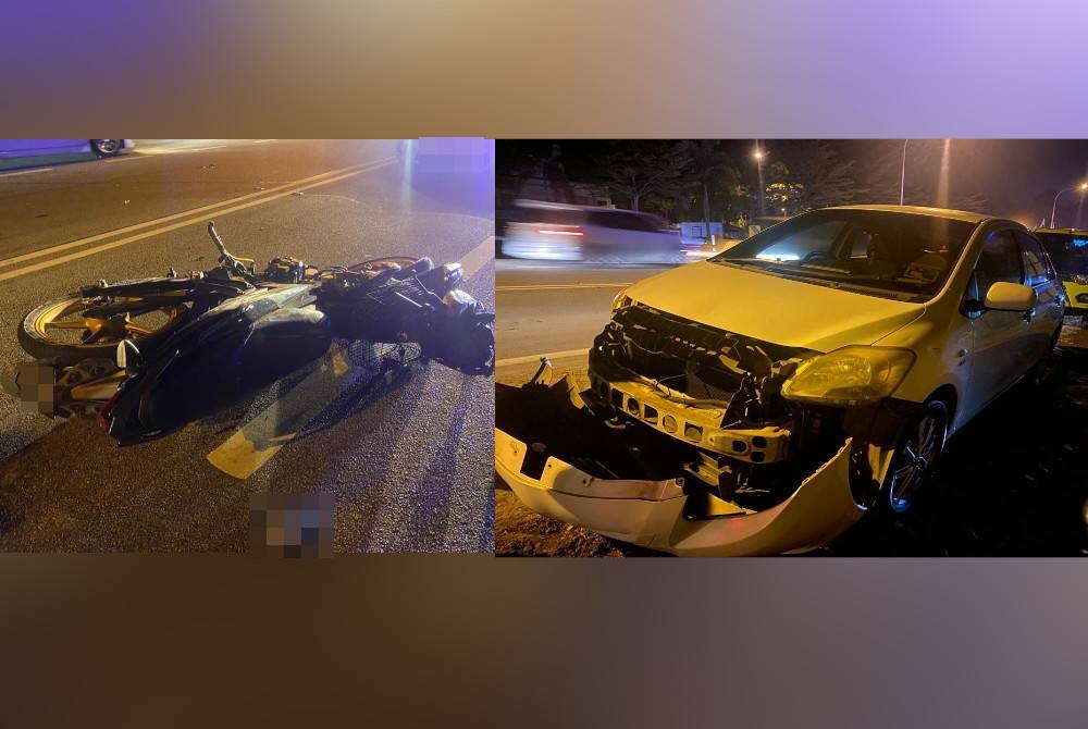 Sebuah motosikal mangsa yang maut dan keadaan kereta Toyota Vios terlibat kemalangan di Kilometer 38 Jalan Kota Bharu-Kuala Krai, Machang.