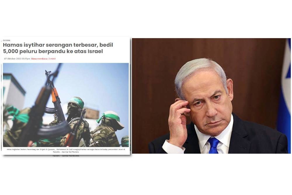 Pejuang pembebasan Al-Quds dan Briged Al-Qassam Hamas mengisytiharkan serangan balas terhadap pencerobohan rejim Israel di Palestin. (Kanan: Netanyahu dalam satu ucapan kepada rakyat Israel menggambarkan serangan terhadap negaranya adalah bermotifkan peperangan. - Gambar fail Awani)