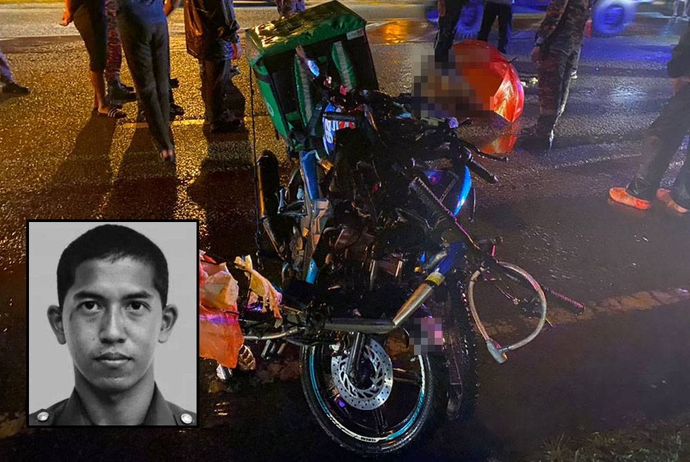 Keadaan motosikal dan basikal milik kedua-dua mangsa yang melekat di lokasi nahas di Mambang Diawan, Kampar pada Ahad. - Foto Ihsan polis (Gambar kecil: Fatullah)