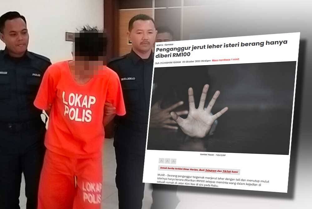 Tertuduh dibawa keluar dari Mahkamah Majistret Muar pada Isnin, selepas mengaku tidak bersalah mencederakan isteri. Gambar kanan: Laporan Sinar Harian sebelum ini.