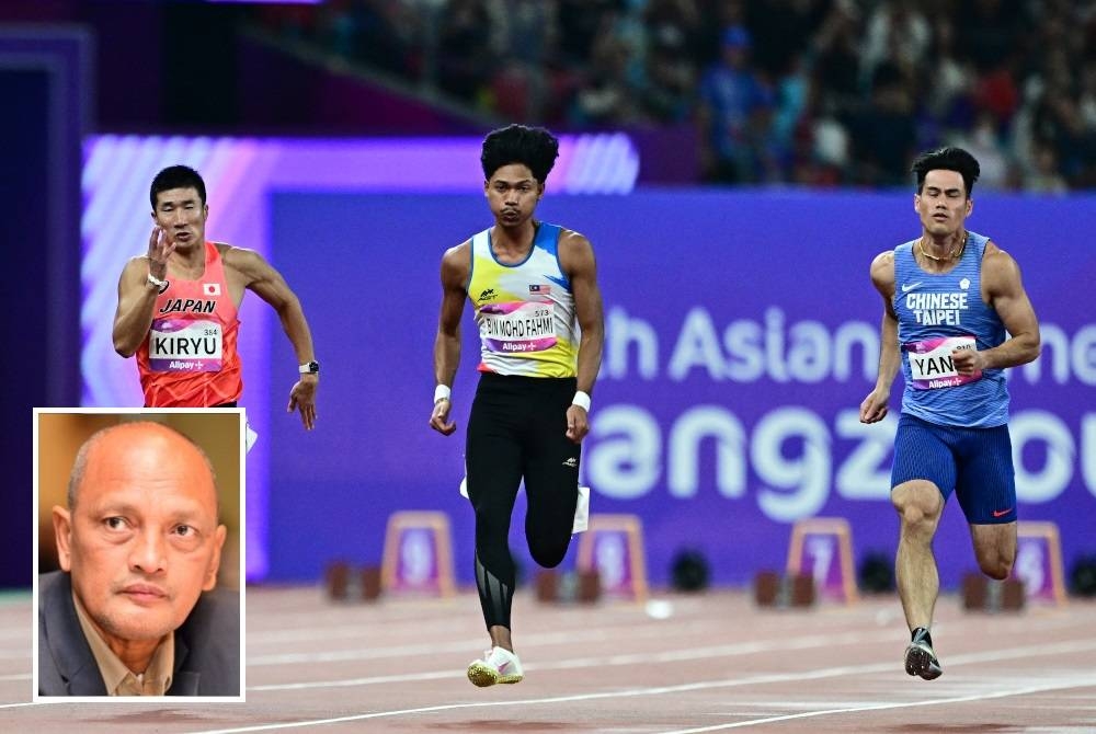 Azeem (tengah) cemerlang di balapan apabila menghadiahkan pingat gangsa dalam acara riben biru pada Sukan Asia Hangzhou 2022. - Foto AFP (Gambar kecil: Pekan)