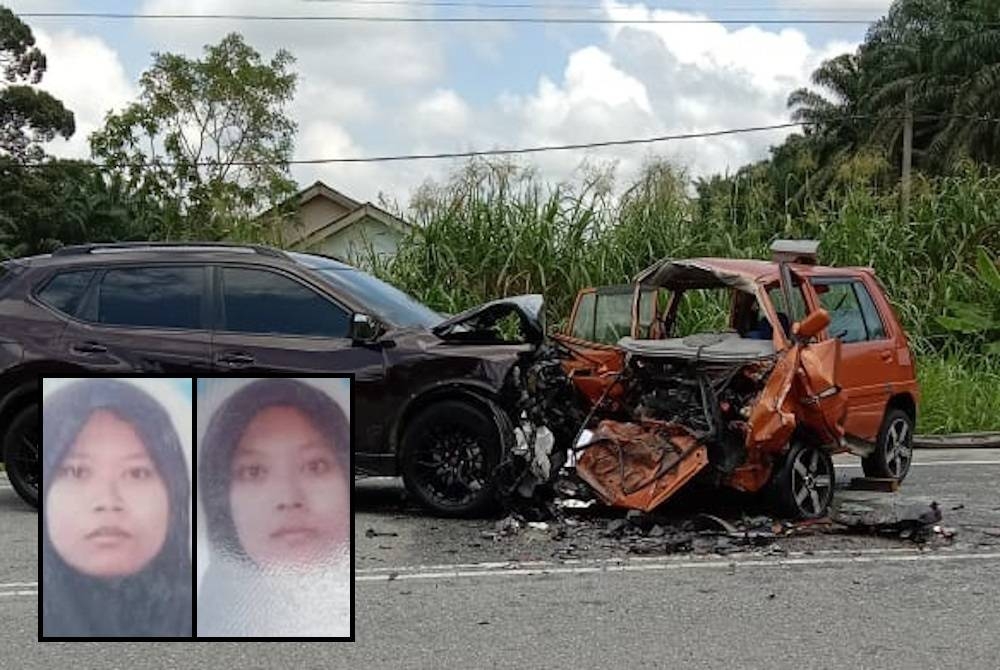 Kereta Perodua Kancil dinaiki dua beradik kembar bertembung dengan SUV dalam nahas di Kampung Gajah. - Foto ihsan Bomba Perak (Gambar kecil: Nur Shahidah (kiri) dan Nur Zuhaida)