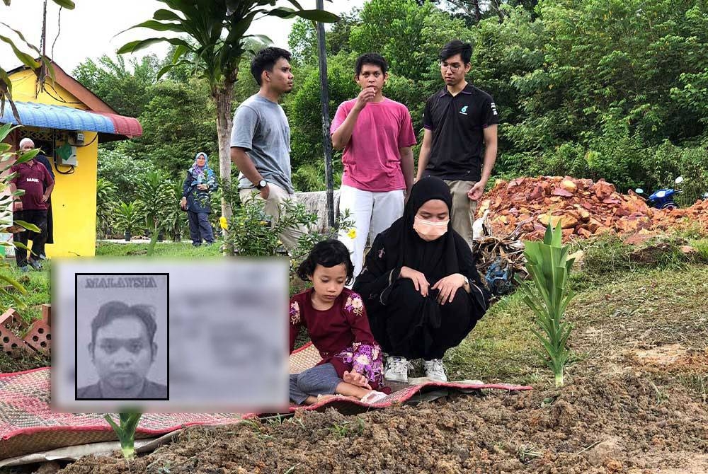 Anak sulung Allahyarham Hazlami, Mawardah (kiri) berada di pusara bapanya. Gambar kecil: Hazlami