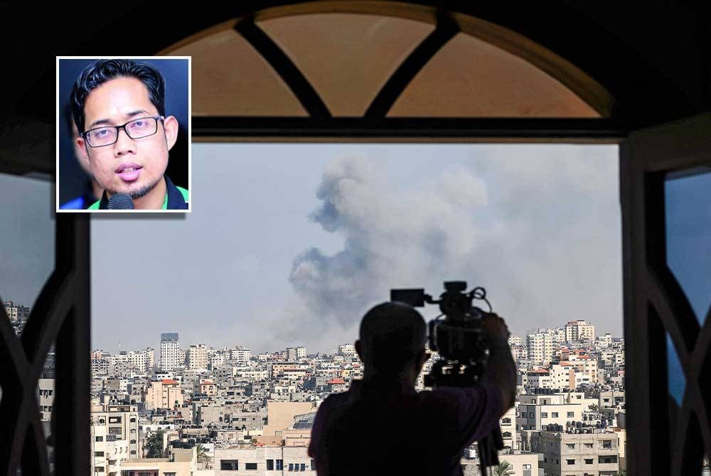 Seorang jurugambar merakam video wilayah Gaza dibedil. Foto: AFP. Gambar kecil: MUHAMMAD FAISAL