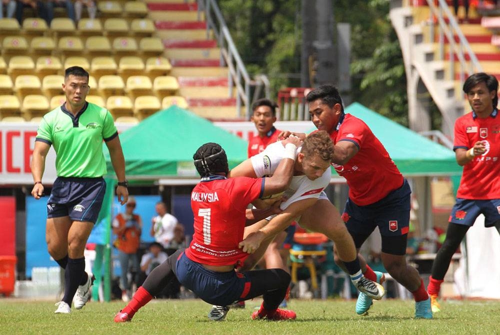 Perlawanan Bunga Raya 7s menentang Hong Kong di Stadium Police Tero, pada Sabtu. Foto: KRM