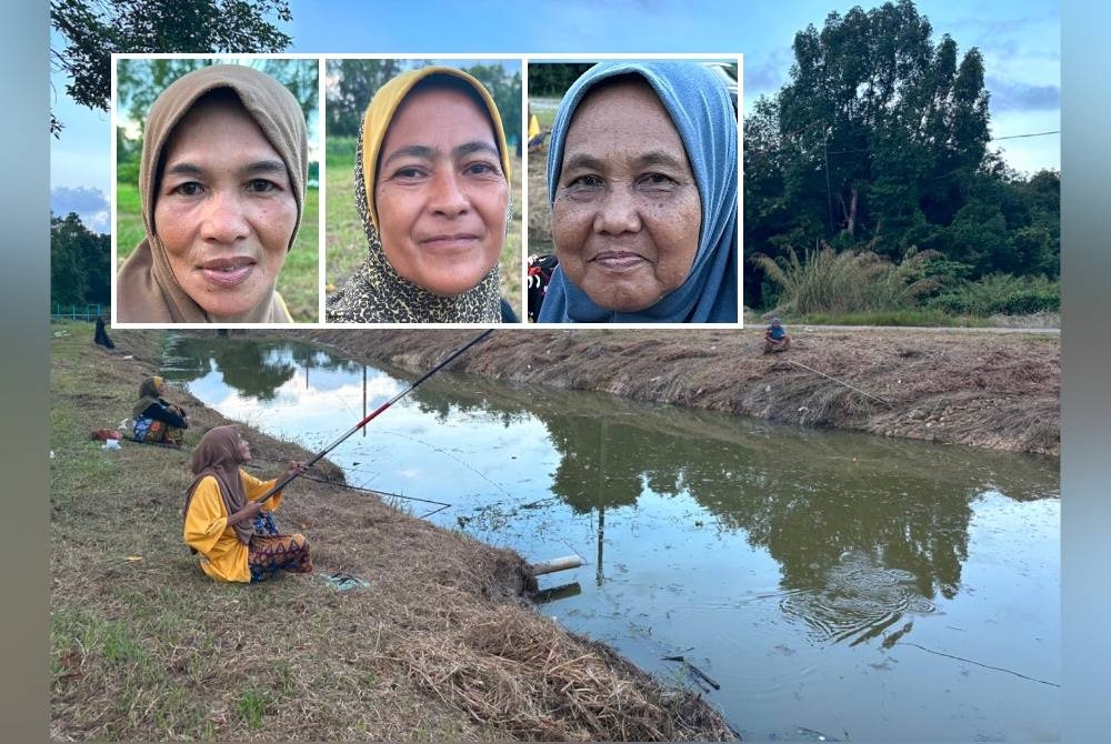 Suri rumah leka memancing ikan di tali air di Meranti, Pasir Mas. Gambar kecil: Mazni, Zamilah, Kalsum