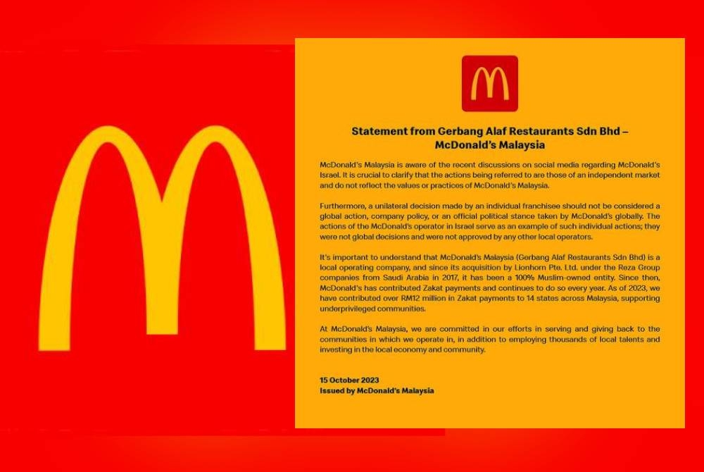 Kenyataan yang dikongsi McDonald’s Malaysia di akaun media sosial, pada Ahad.