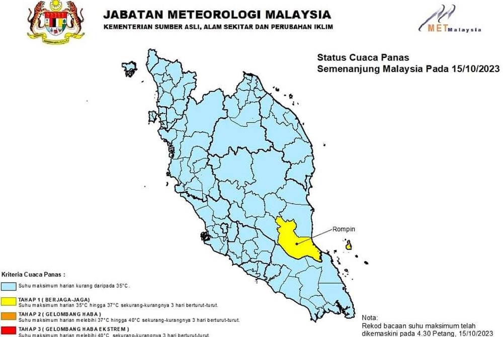 MetMalaysia mengeluarkan amaran cuaca panas tahap satu iaitu berjaga-jaga di Rompin, Pahang.