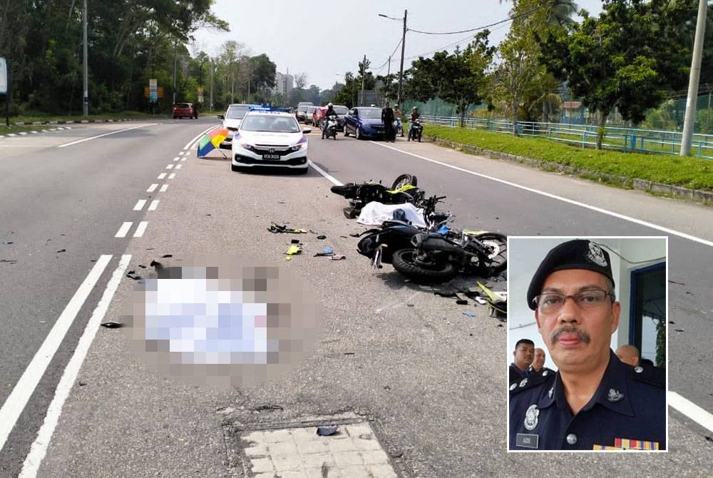 Lokasi kejadian kemalangan membabitkan kematian dua penunggang motosikal di Kilometer 8 Jalan Pantai, Port Dickson pada Ahad. -Foto: PDRM, gambar kecil: Aidi Sham